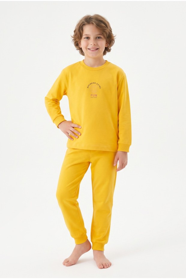 Erkek Çocuk Mavi Yıldız Baskılı %100 Pamuk Süprem Kumaş Düz Uzun Kollu Pijama Takımı