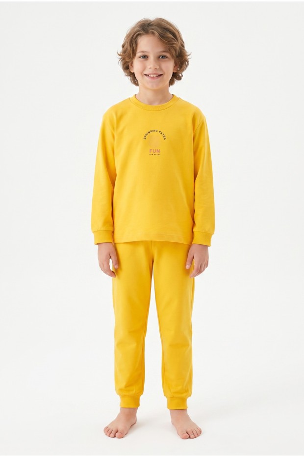 Erkek Çocuk Mavi Yıldız Baskılı %100 Pamuk Süprem Kumaş Düz Uzun Kollu Pijama Takımı