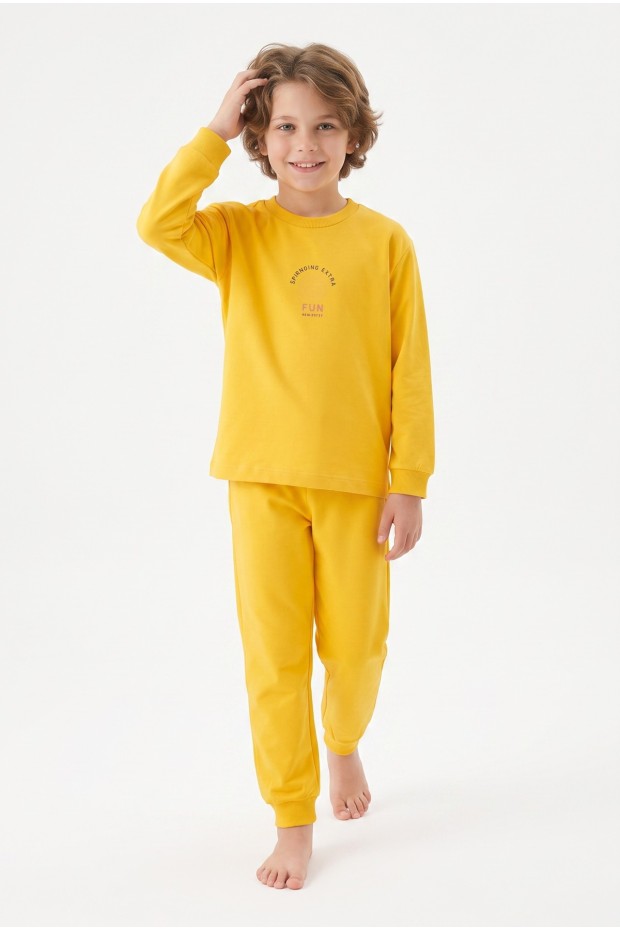 Erkek Çocuk Mavi Yıldız Baskılı %100 Pamuk Süprem Kumaş Düz Uzun Kollu Pijama Takımı