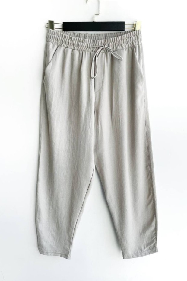 Yan Cepli Beli Lastikli Gri Pantolon