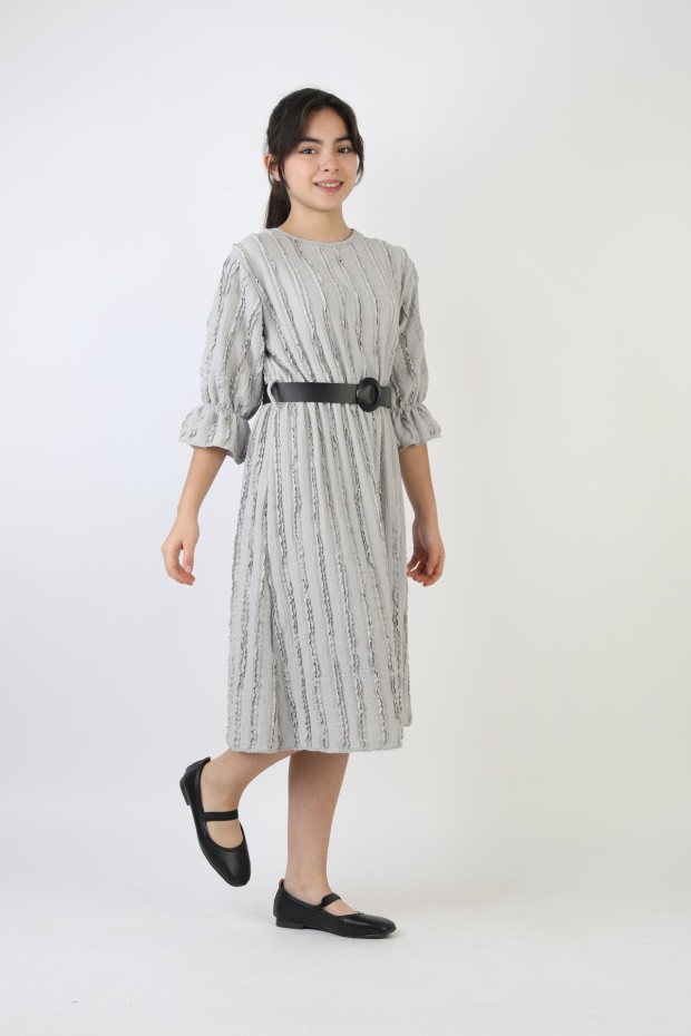 Fırfırlı Bürümcük Kumaş Kız Çocuk Kemerli Günlük Şık ve Rahat Elbise