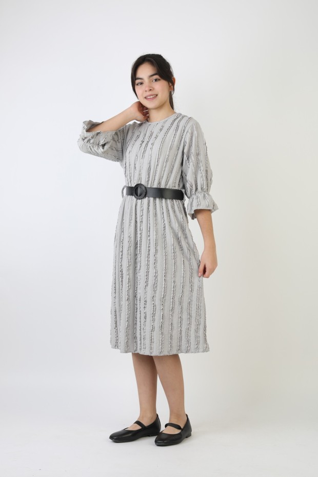 Fırfırlı Bürümcük Kumaş Kız Çocuk Kemerli Günlük Şık ve Rahat Elbise