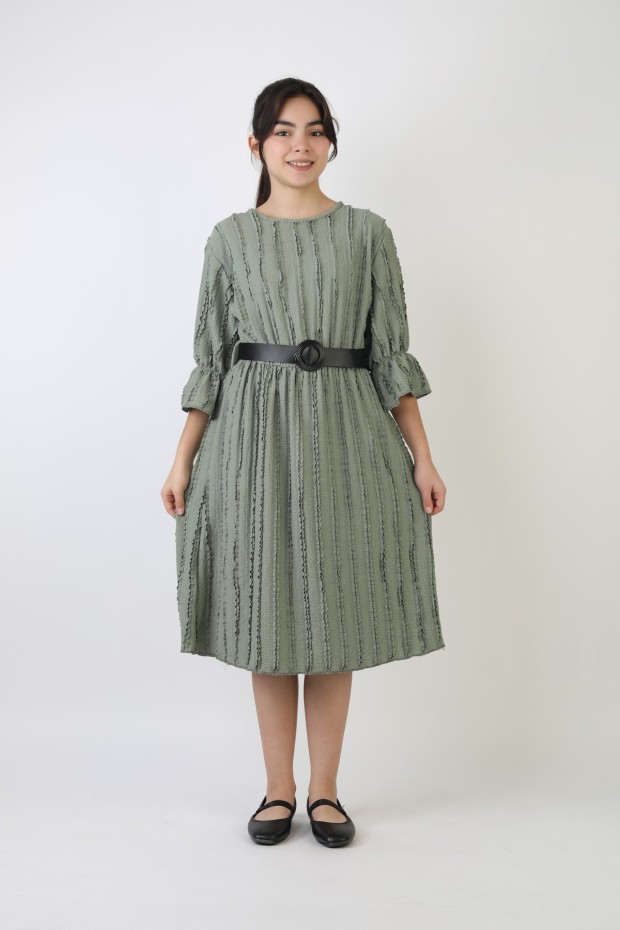 Fırfırlı Bürümcük Kumaş Kız Çocuk Kemerli Günlük Şık ve Rahat Elbise