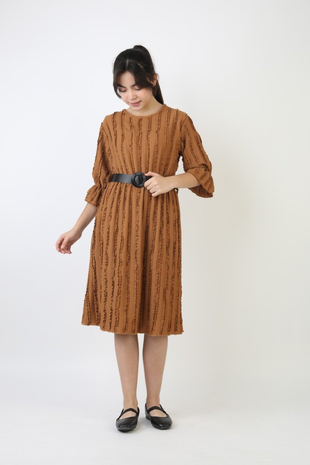 Fırfırlı Bürümcük Kumaş Kız Çocuk Kemerli Günlük Şık ve Rahat Elbise