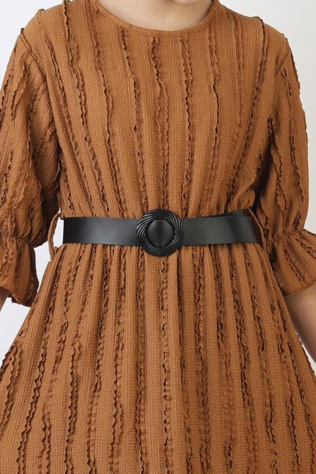 Fırfırlı Bürümcük Kumaş Kız Çocuk Kemerli Günlük Şık ve Rahat Elbise