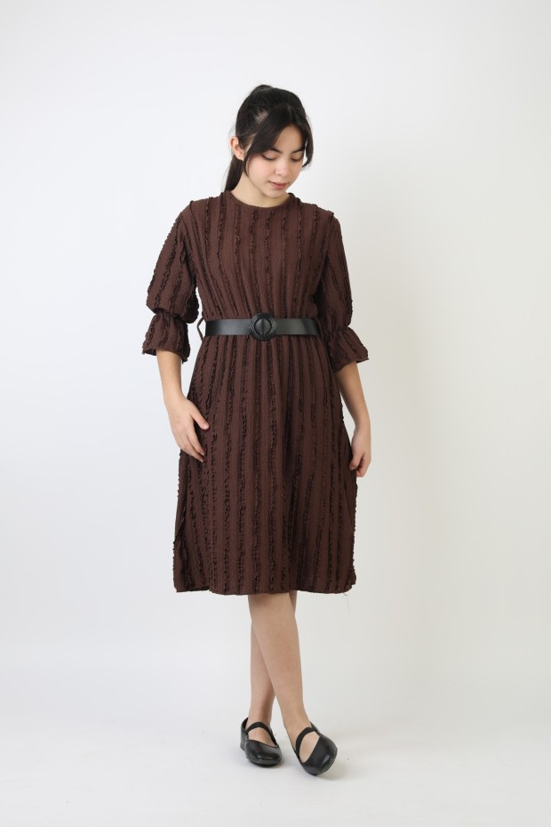 Fırfırlı Bürümcük Kumaş Kız Çocuk Kemerli Günlük Şık ve Rahat Elbise