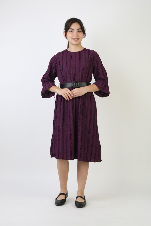 Fırfırlı Bürümcük Kumaş Kız Çocuk Kemerli Günlük Şık ve Rahat Elbise