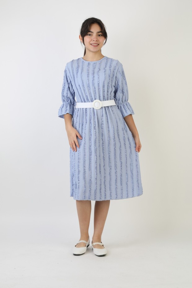 Fırfırlı Bürümcük Kumaş Kız Çocuk Kemerli Günlük Şık ve Rahat Elbise