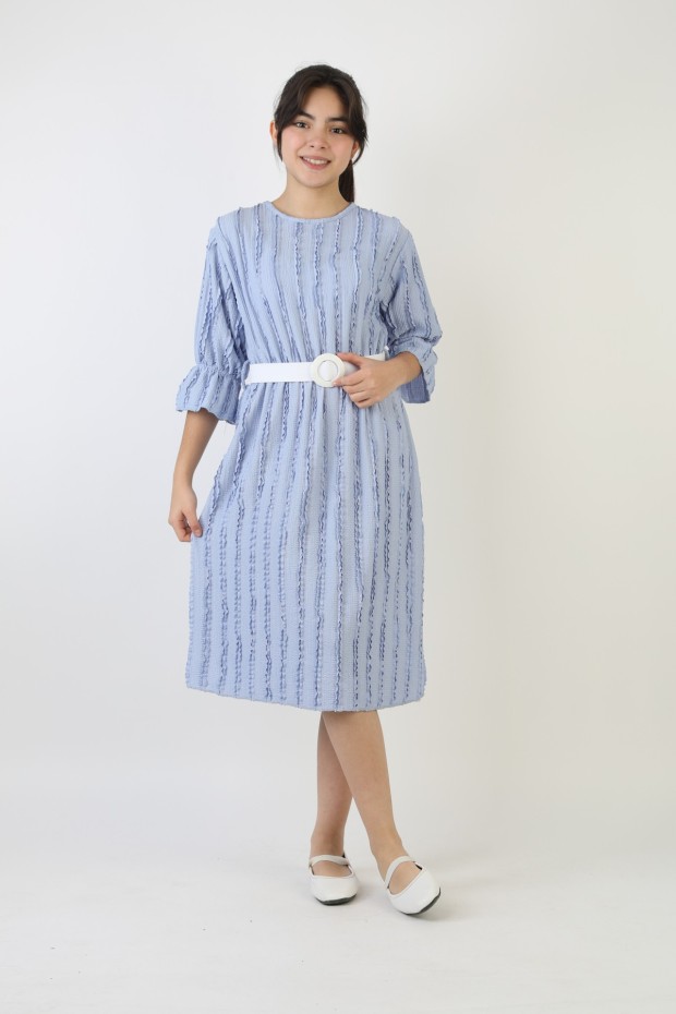 Fırfırlı Bürümcük Kumaş Kız Çocuk Kemerli Günlük Şık ve Rahat Elbise