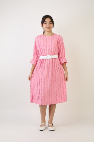 Fırfırlı Bürümcük Kumaş Kız Çocuk Kemerli Günlük Şık ve Rahat Elbise