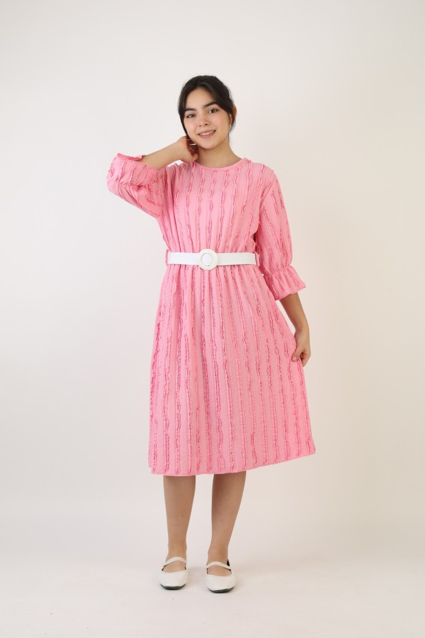 Fırfırlı Bürümcük Kumaş Kız Çocuk Kemerli Günlük Şık ve Rahat Elbise