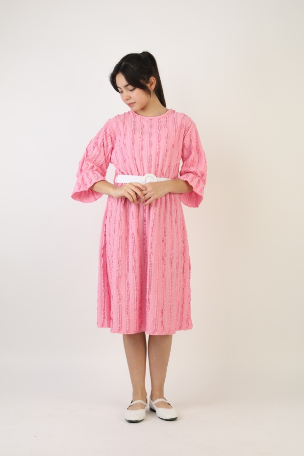 Fırfırlı Bürümcük Kumaş Kız Çocuk Kemerli Günlük Şık ve Rahat Elbise