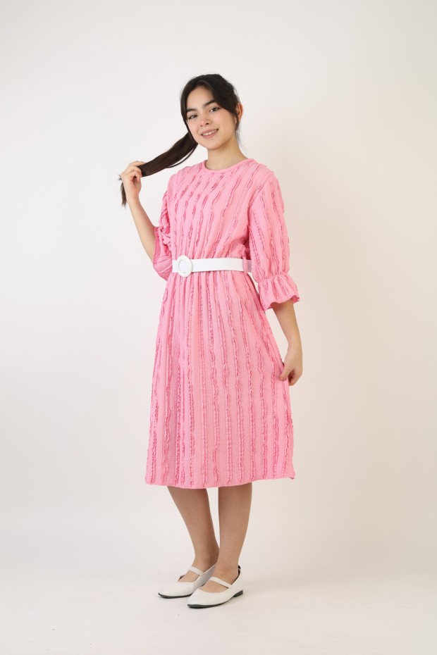 Fırfırlı Bürümcük Kumaş Kız Çocuk Kemerli Günlük Şık ve Rahat Elbise