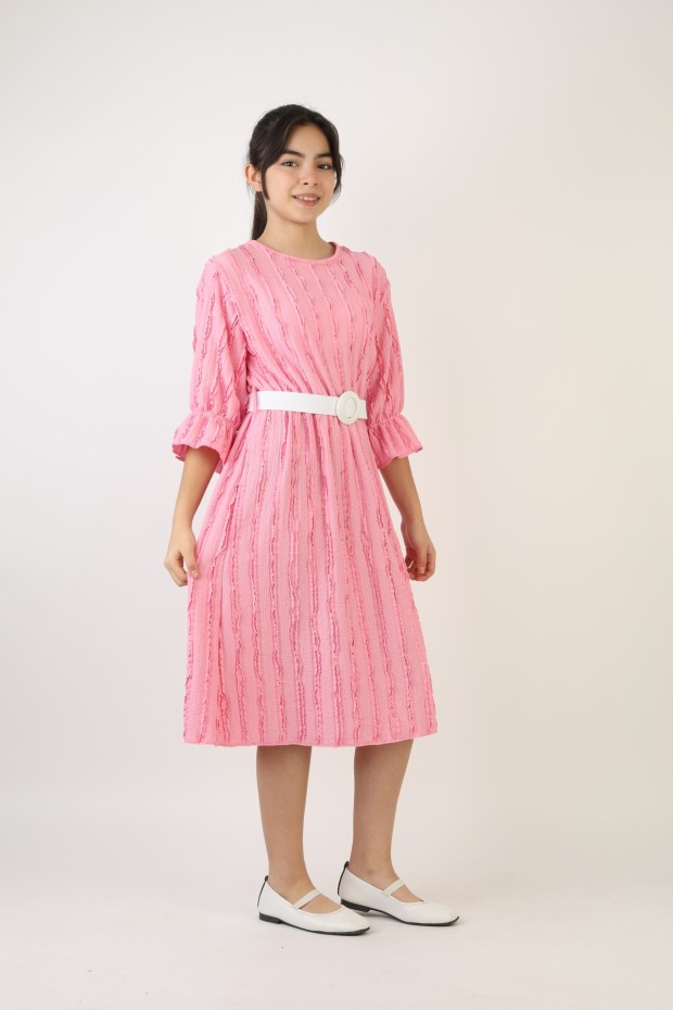 Fırfırlı Bürümcük Kumaş Kız Çocuk Kemerli Günlük Şık ve Rahat Elbise