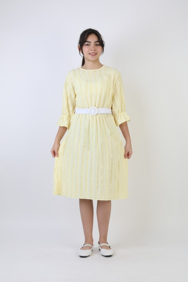 Fırfırlı Bürümcük Kumaş Kız Çocuk Kemerli Günlük Şık ve Rahat Elbise