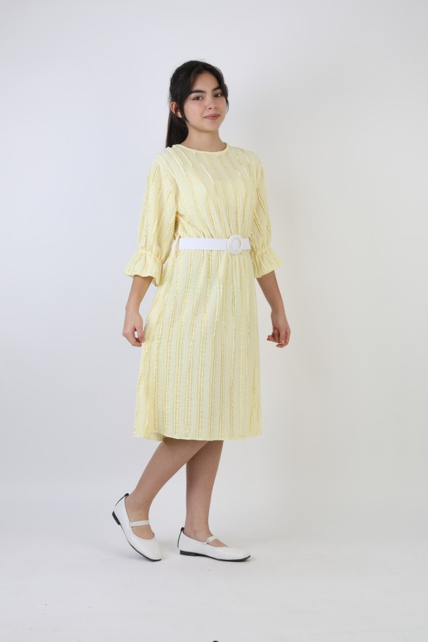 Fırfırlı Bürümcük Kumaş Kız Çocuk Kemerli Günlük Şık ve Rahat Elbise