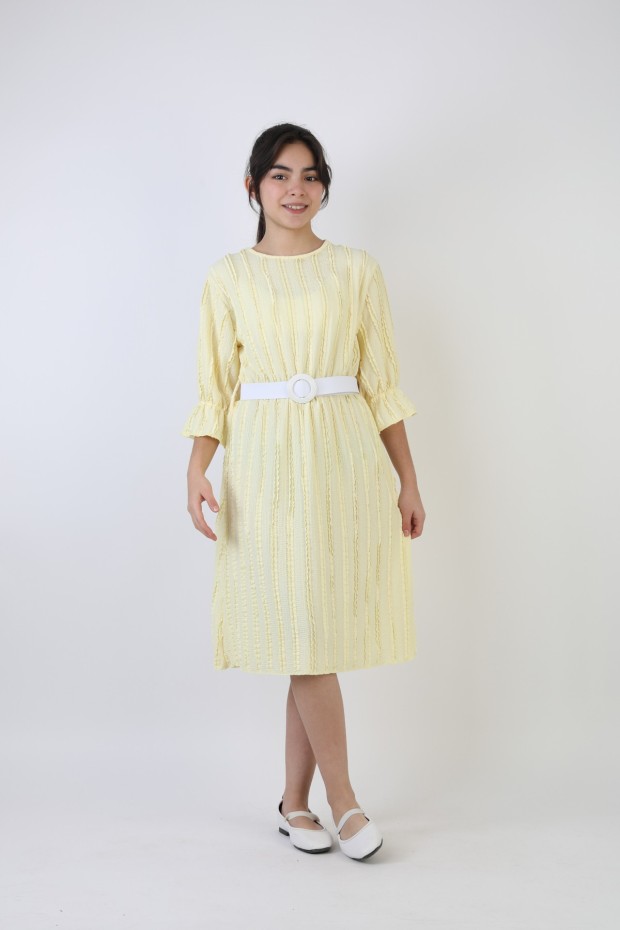 Fırfırlı Bürümcük Kumaş Kız Çocuk Kemerli Günlük Şık ve Rahat Elbise