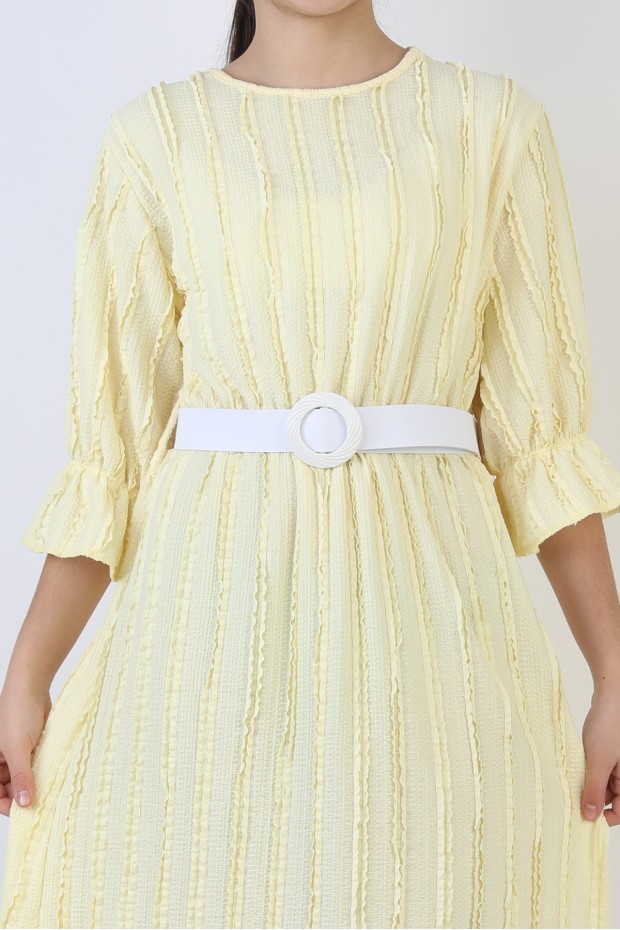 Fırfırlı Bürümcük Kumaş Kız Çocuk Kemerli Günlük Şık ve Rahat Elbise