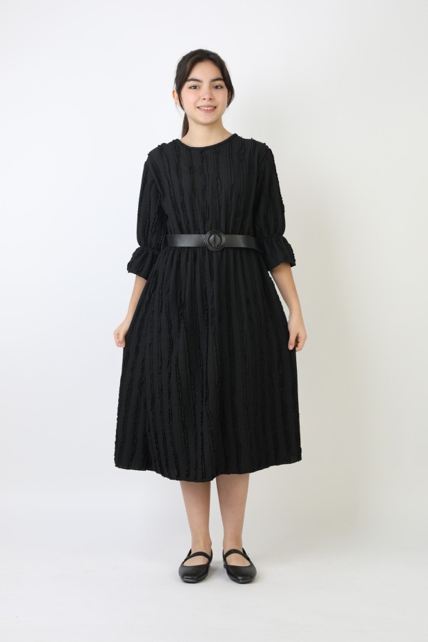 Fırfırlı Bürümcük Kumaş Kız Çocuk Kemerli Günlük Şık ve Rahat Elbise