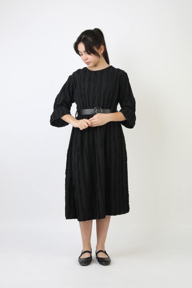 Fırfırlı Bürümcük Kumaş Kız Çocuk Kemerli Günlük Şık ve Rahat Elbise