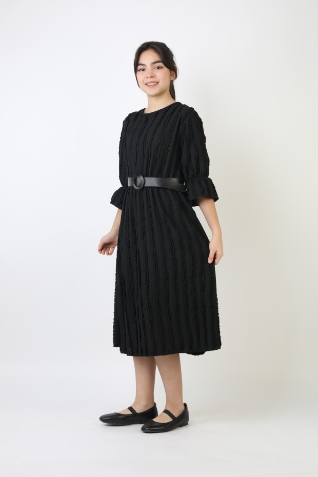 Fırfırlı Bürümcük Kumaş Kız Çocuk Kemerli Günlük Şık ve Rahat Elbise