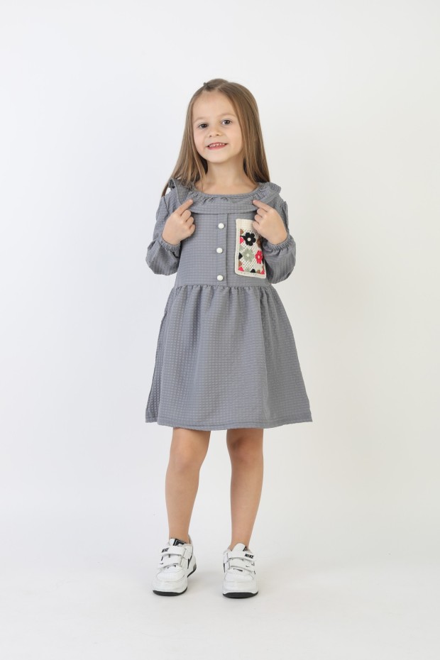 İşlemeli Gofre Kumaş Kız Çocuk Günlük Şık Rahat Ve Trend Elbise