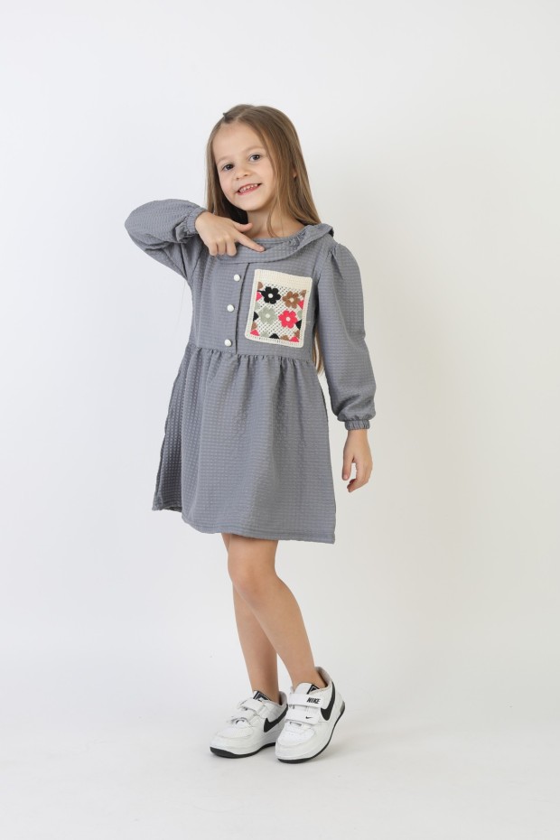 İşlemeli Gofre Kumaş Kız Çocuk Günlük Şık Rahat Ve Trend Elbise
