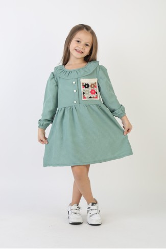 İşlemeli Gofre Kumaş Kız Çocuk Günlük Şık Rahat Ve Trend Elbise