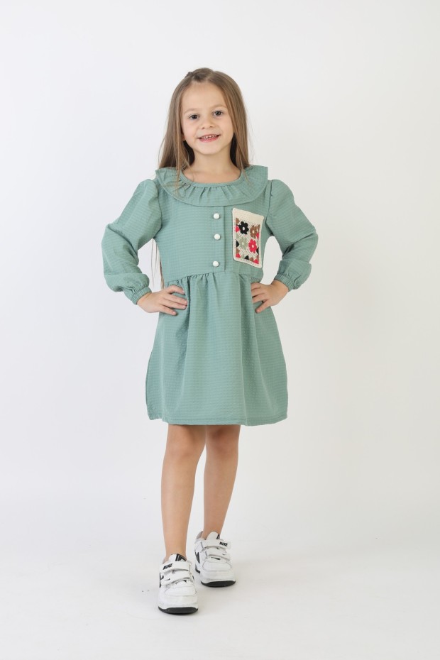 İşlemeli Gofre Kumaş Kız Çocuk Günlük Şık Rahat Ve Trend Elbise