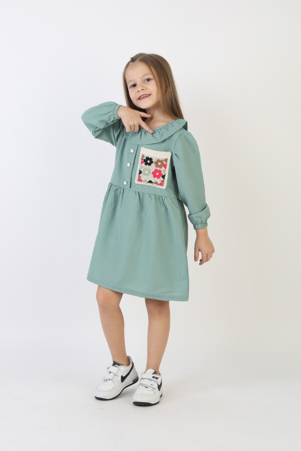 İşlemeli Gofre Kumaş Kız Çocuk Günlük Şık Rahat Ve Trend Elbise