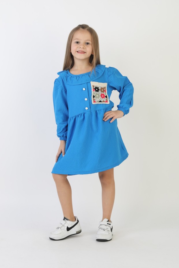 İşlemeli Gofre Kumaş Kız Çocuk Günlük Şık Rahat Ve Trend Elbise