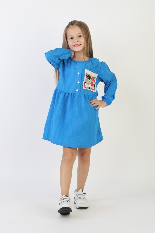 İşlemeli Gofre Kumaş Kız Çocuk Günlük Şık Rahat Ve Trend Elbise