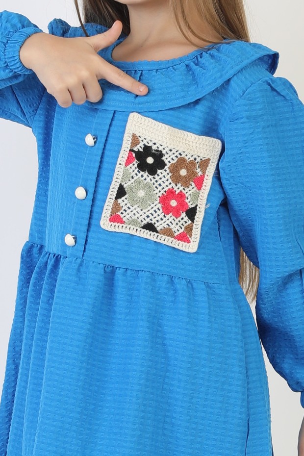 İşlemeli Gofre Kumaş Kız Çocuk Günlük Şık Rahat Ve Trend Elbise