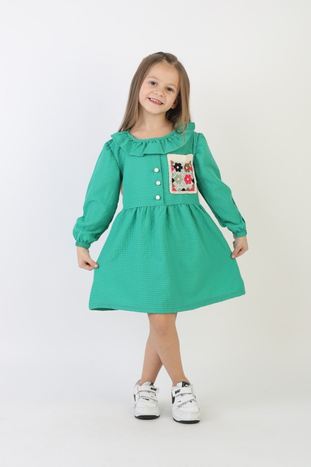 İşlemeli Gofre Kumaş Kız Çocuk Günlük Şık Rahat Ve Trend Elbise