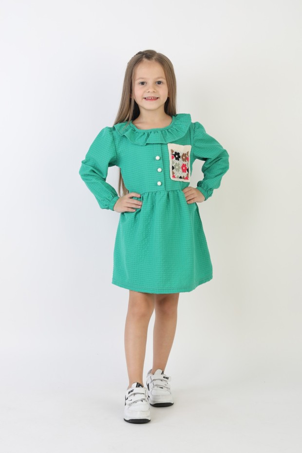 İşlemeli Gofre Kumaş Kız Çocuk Günlük Şık Rahat Ve Trend Elbise