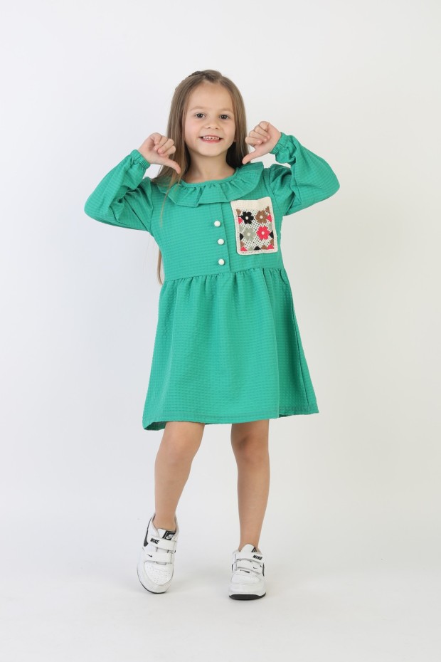İşlemeli Gofre Kumaş Kız Çocuk Günlük Şık Rahat Ve Trend Elbise