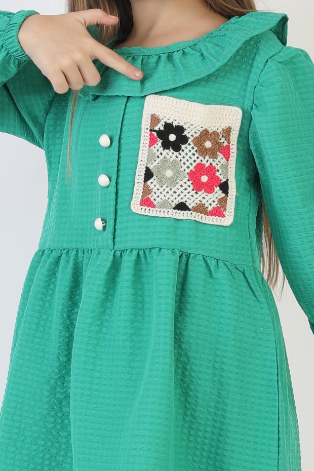 İşlemeli Gofre Kumaş Kız Çocuk Günlük Şık Rahat Ve Trend Elbise