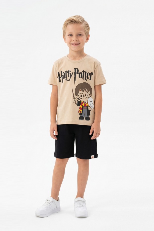 Erkek Çocuk Baskılı Kısa Kollu Pamuklu Tişört ve Siyah Şortlu İkili Yazlık Takım 