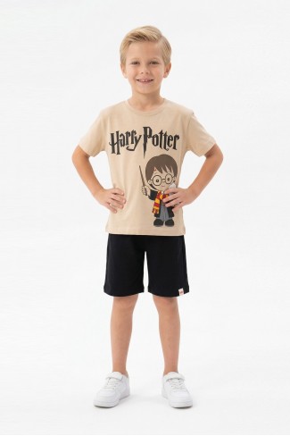 Erkek Çocuk Baskılı Kısa Kollu Pamuklu Tişört ve Siyah Şortlu İkili Yazlık Takım 