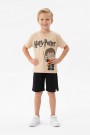 Erkek Çocuk Baskılı Kısa Kollu Pamuklu Tişört ve Siyah Şortlu İkili Yazlık Takım 