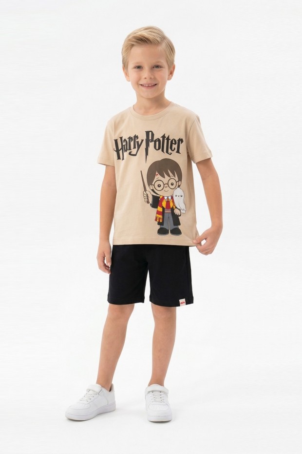 Erkek Çocuk Baskılı Kısa Kollu Pamuklu Tişört ve Siyah Şortlu İkili Yazlık Takım 