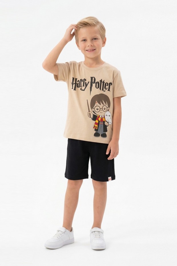 Erkek Çocuk Baskılı Kısa Kollu Pamuklu Tişört ve Siyah Şortlu İkili Yazlık Takım 