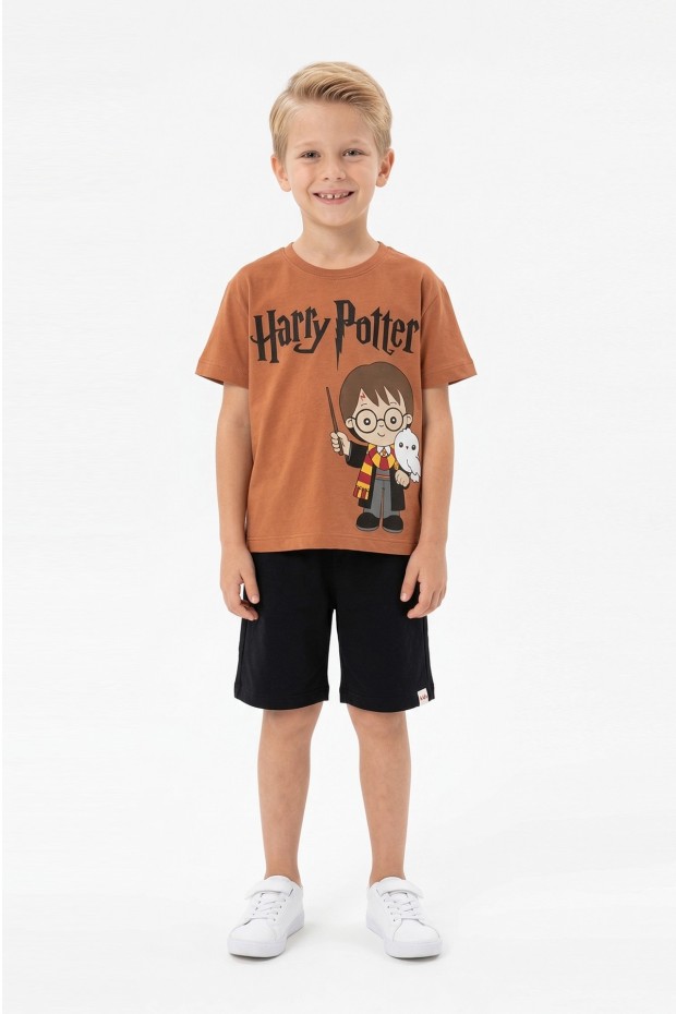 Erkek Çocuk Baskılı Kısa Kollu Pamuklu Tişört ve Siyah Şortlu İkili Yazlık Takım