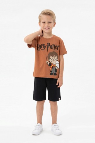 Erkek Çocuk Baskılı Kısa Kollu Pamuklu Tişört ve Siyah Şortlu İkili Yazlık Takım