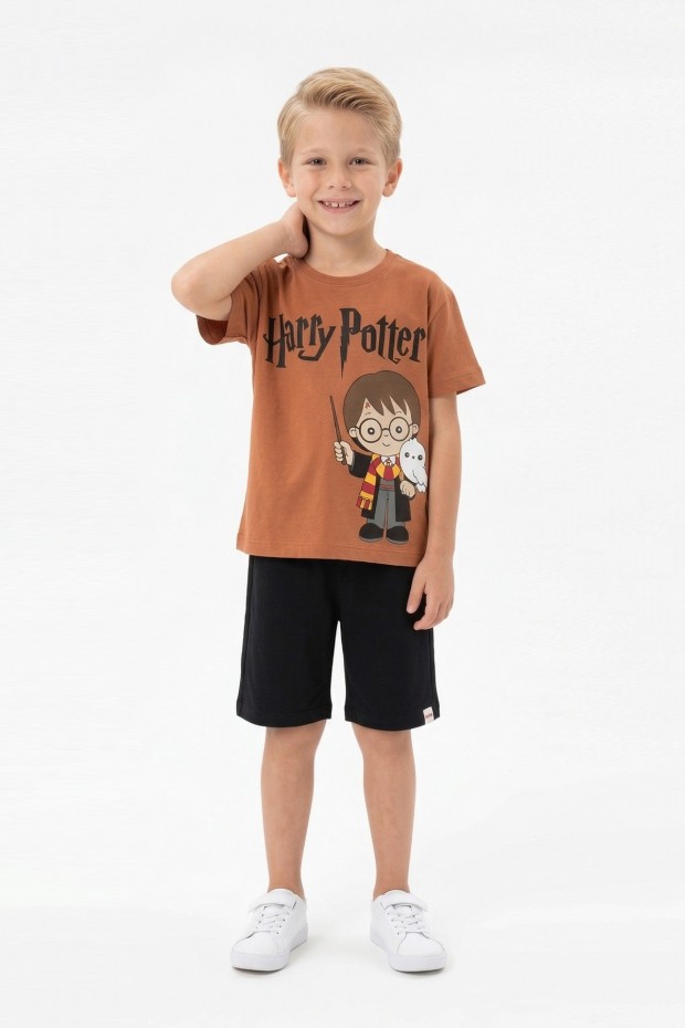 Erkek Çocuk Baskılı Kısa Kollu Pamuklu Tişört ve Siyah Şortlu İkili Yazlık Takım