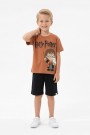 Erkek Çocuk Baskılı Kısa Kollu Pamuklu Tişört ve Siyah Şortlu İkili Yazlık Takım