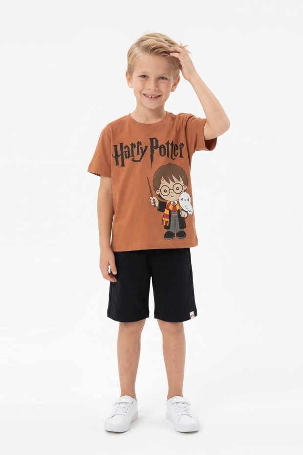 Erkek Çocuk Baskılı Kısa Kollu Pamuklu Tişört ve Siyah Şortlu İkili Yazlık Takım