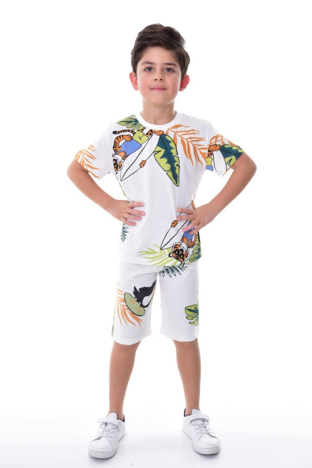 Erkek Çocuk Sörfçü Kaplan Baskılı Kısa Kollu Pamuklu Penye Pijama Takımı