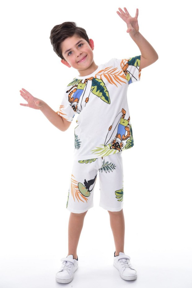 Erkek Çocuk Sörfçü Kaplan Baskılı Kısa Kollu Pamuklu Penye Pijama Takımı