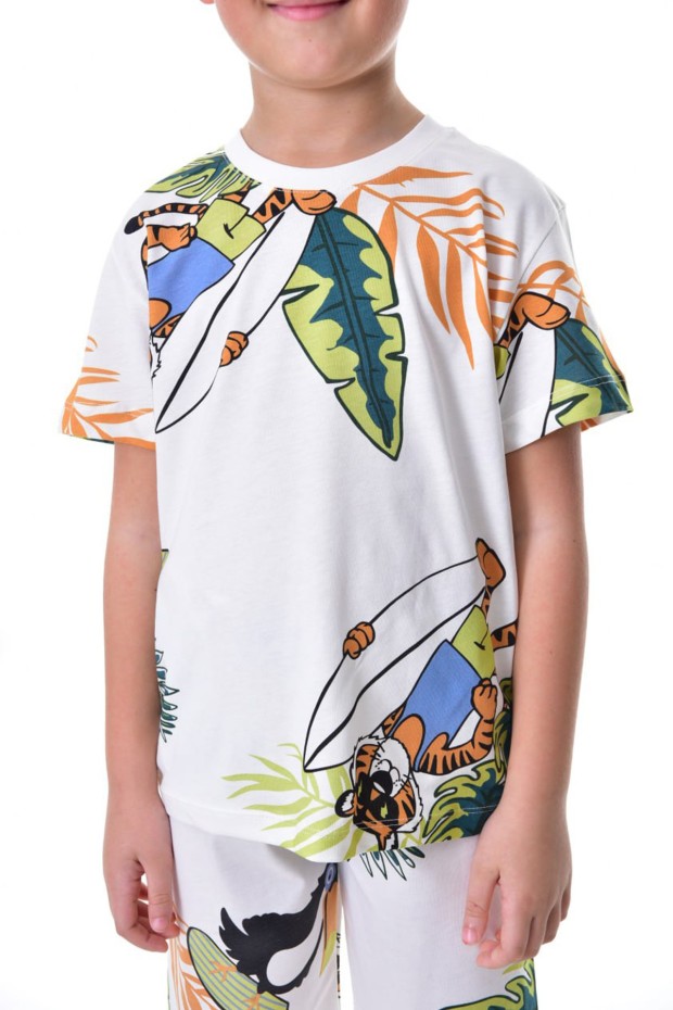 Erkek Çocuk Sörfçü Kaplan Baskılı Kısa Kollu Pamuklu Penye Pijama Takımı